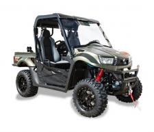 New 2018 KYMCO UXV 700I LE HUNTER UXV 700i Hunter is a sportsman’s full-featured side by side, with the added specialized standard features: black aluminum alloy 14″ wheels; 26” tires; 3,000lb. NuJet winch; hard top; windshield; bed extender; and gun boot/mount. Based on the revised 2018-version of the UXV 700i line of UTVs, the UXV 700i Hunter also has: 695cc fuel-injected engine; push-button, on-demand 2WD/4WD, automatic CVT transmission with H-L-N-R-P drive modes and differential lock; independent dual A-arm suspension; hydraulic dual-disc front and shaft-mounted rear hydraulic disc brakes; 440-lb.-capacity hydraulic tilting cargo bed; 1,200-lb. towing capacity; two-inch receiver hitch; locking glove box; under-seat and dry under-hood storage; digital instrument display; 12V accessory outlet; beverage holders; electronic power steering (EPS), 2″ receiver. The UXV Hunter is available in Hunter Matte Green.