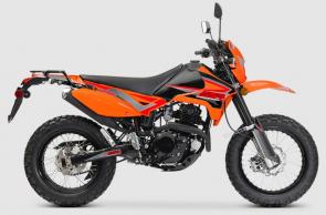 SPECIFICATIONS
ENGINE	 
 	Engine Type	Single Cylinder, 4 Stroke, Air Cooled
 	Displacement	249 cc
 	Bore x Stroke	72 mm x 61.2 mm
 	Compression Ratio	9.4 : 1
 	Rated Output	18.1 hp @ 7,000 rpm
 	Fuel Supply	Carburetor, 26 mm
 	Ignition	CDI
 	Starter	Electric
 	Transmission	5-speed Manual; 1-down, 4-up
 	CHASSIS
 	Front Suspension	41 mm Compression Adjustable Forks, Inverted; 8 inches Travel
 	Rear Suspension	Standard Coil Spring Shock
 	Front Brake	250 mm Disc
 	Rear Brake	240 mm Disc
 	Front Wheel / Tire	Aluminum Alloy / 4.60 - 18
 	Rear Wheel / Tire	Aluminum Alloy / 5.10 - 17
 	Frame	Steel
 	Swingarm	Aluminum Alloy, Straight Type
 	DIMENSIONS	 
 	Wheelbase	57 inches
 	Seat Height	35 inches
 	Ground Clearance	8 inches
 	Fuel Tank	2.6 gallons
 	Weight	328 pounds
 	L x W x H	81 x 30.5 x 44 inches
 	OTHER	 
 	Colors	White, Black, Orange
 	Warranty	12-month / 12,000-mile Limited Warranty Coverage